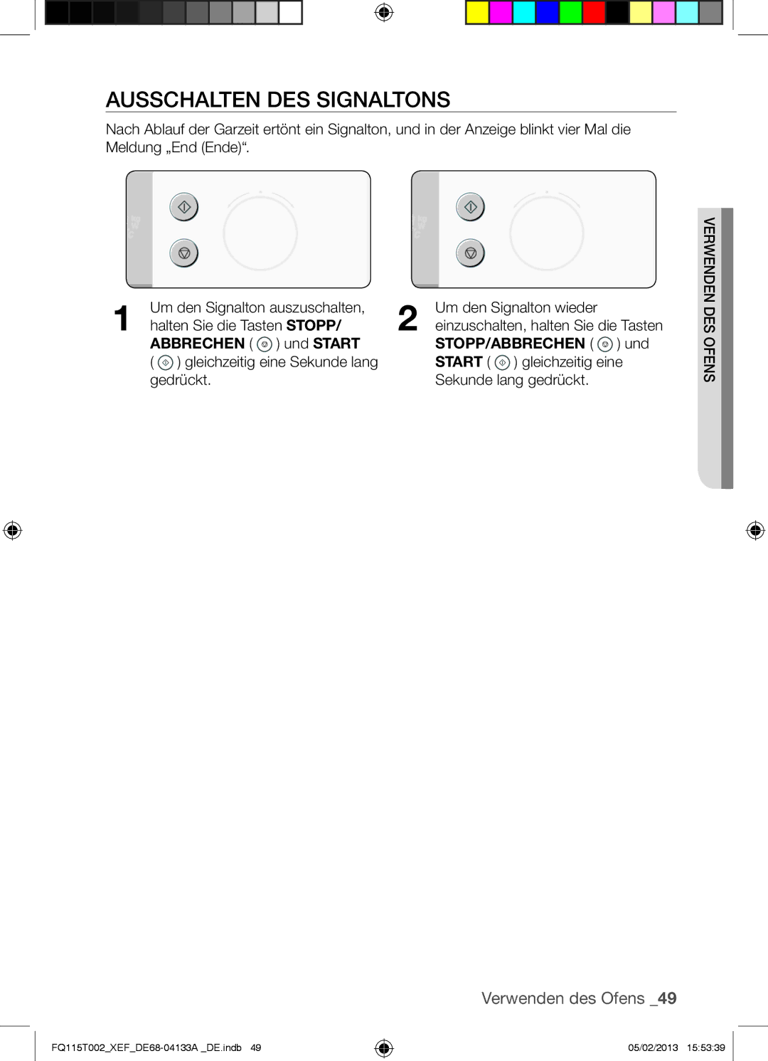 Samsung FQ115T002/BWT, FQ115T002/XEG, FQ115T002/XEF manual Ausschalten DES Signaltons, Abbrechen und Start 