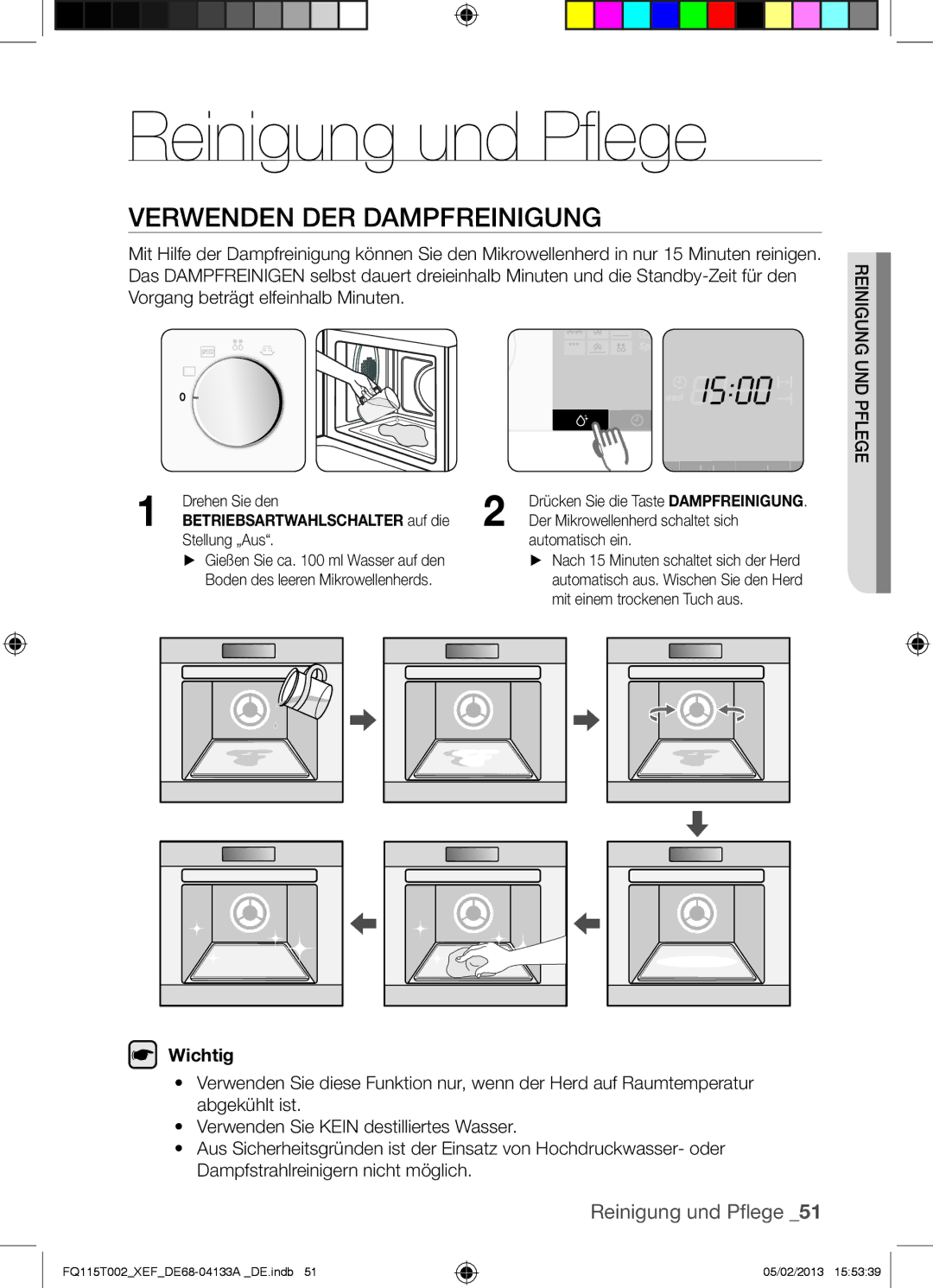 Samsung FQ115T002/XEG Reinigung und Pflege, Verwenden DER Dampfreinigung, Betriebsartwahlschalter auf die Stellung „Aus 