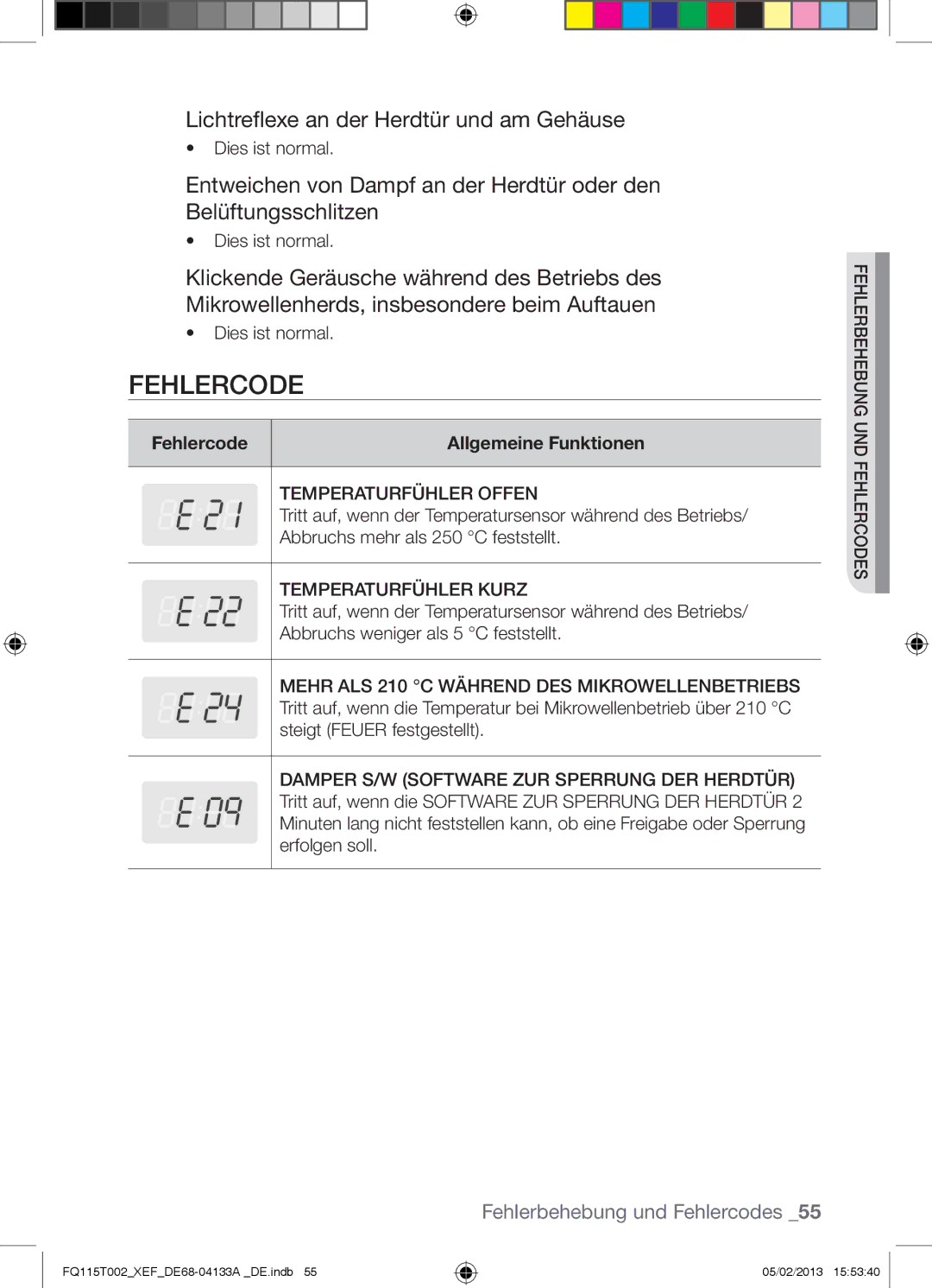 Samsung FQ115T002/BWT, FQ115T002/XEG manual Lichtreflexe an der Herdtür und am Gehäuse, Fehlercode Allgemeine Funktionen 