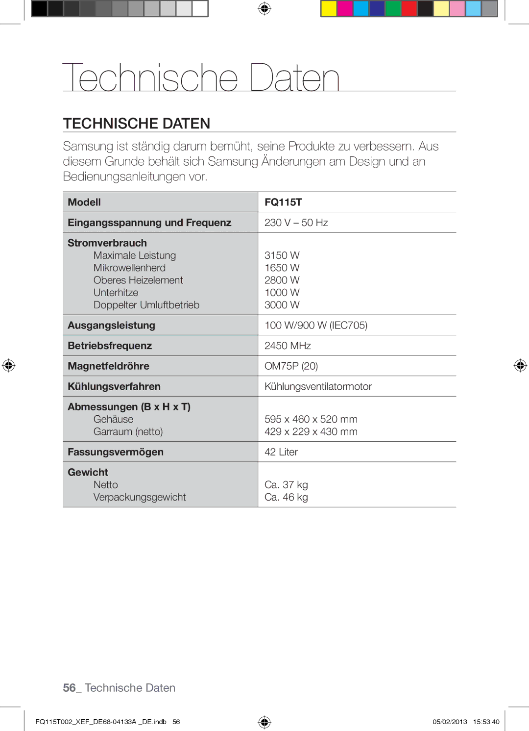 Samsung FQ115T002/XEF, FQ115T002/XEG, FQ115T002/BWT manual Technische Daten 