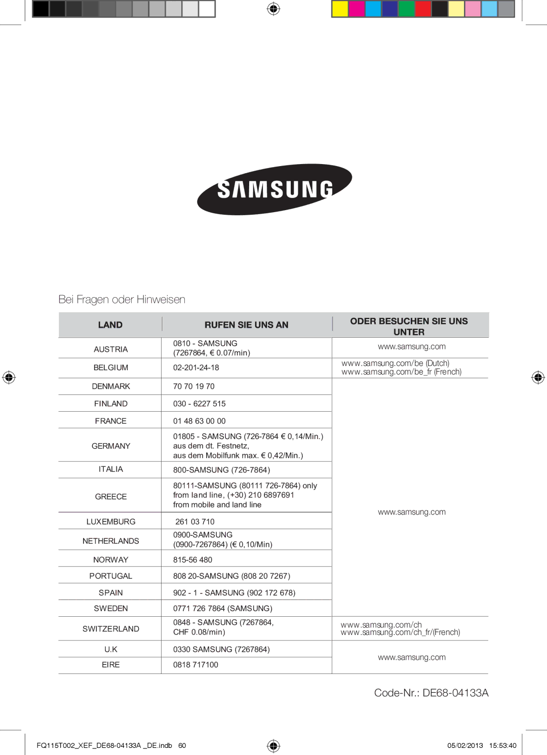 Samsung FQ115T002/XEG, FQ115T002/BWT, FQ115T002/XEF manual Bei Fragen oder Hinweisen 