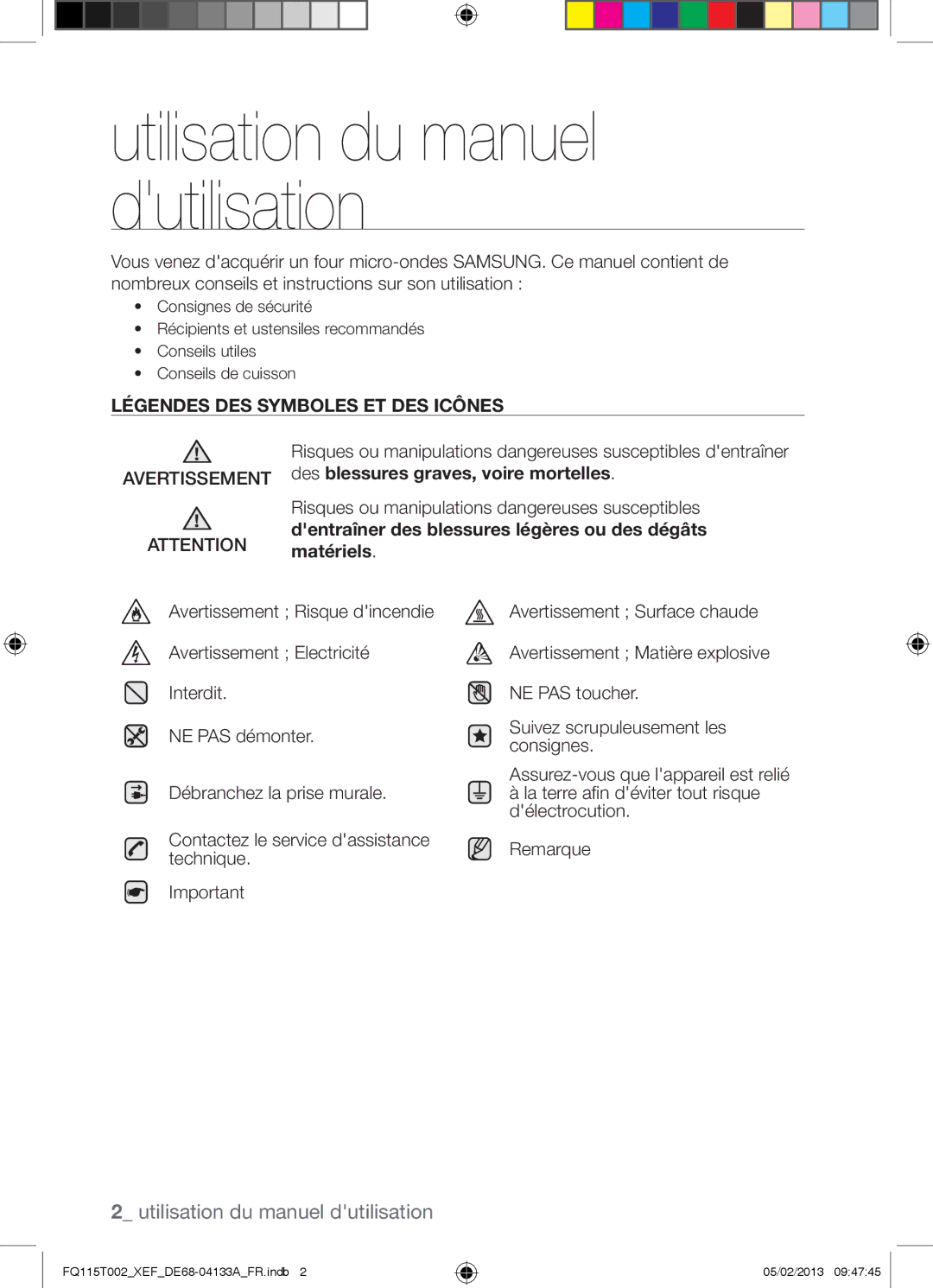 Samsung FQ115T002/XEF, FQ115T002/XEG, FQ115T002/BWT manual Utilisation du manuel dutilisation 