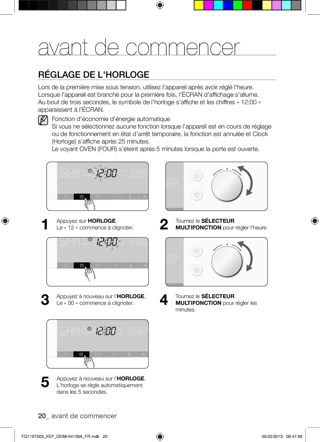 Samsung FQ115T002/XEF, FQ115T002/XEG, FQ115T002/BWT manual Avant de commencer, Réglage DE Lhorloge 