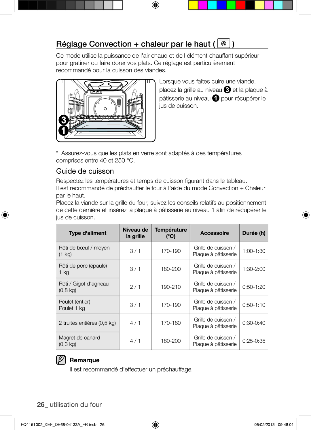 Samsung FQ115T002/XEF, FQ115T002/XEG Réglage Convection + chaleur par le haut, Type daliment Niveau de, Accessoire Durée h 