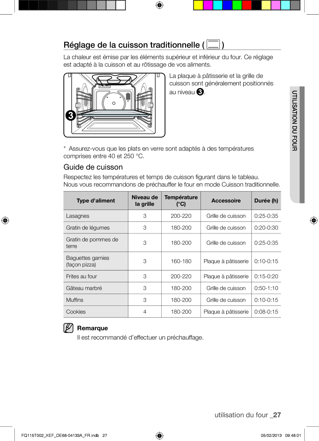 Samsung FQ115T002/XEG, FQ115T002/BWT, FQ115T002/XEF manual Réglage de la cuisson traditionnelle 