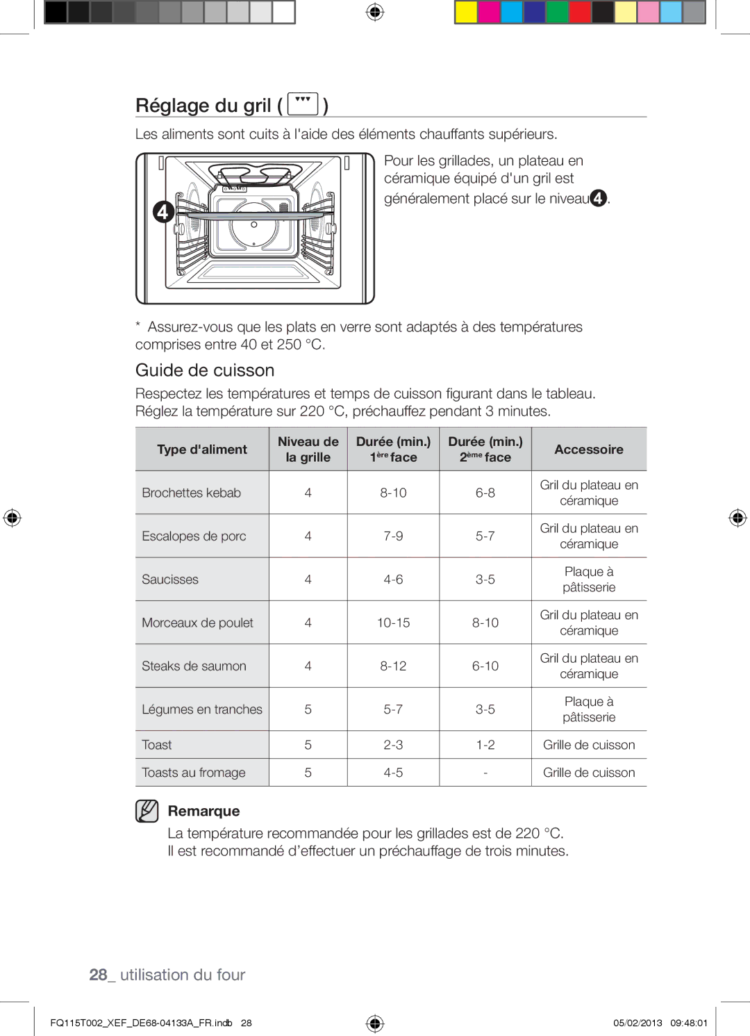 Samsung FQ115T002/BWT, FQ115T002/XEG manual Réglage du gril, Type daliment Niveau de Durée min Accessoire, Ère face Ème face 