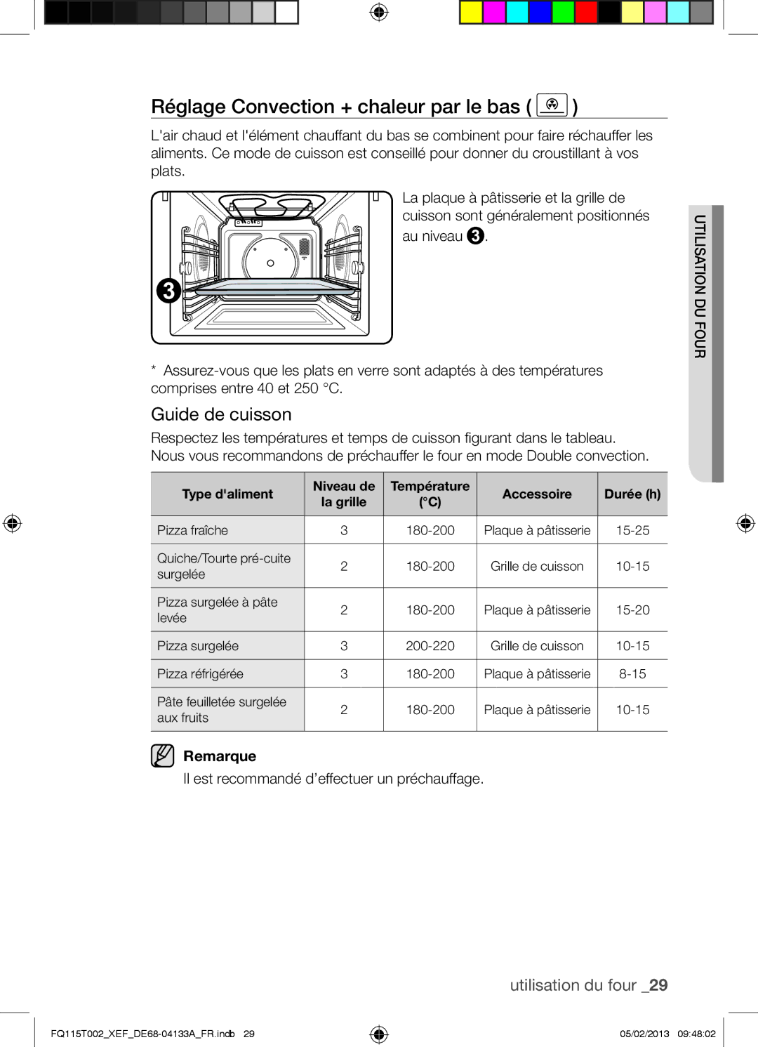 Samsung FQ115T002/XEF, FQ115T002/XEG, FQ115T002/BWT manual Réglage Convection + chaleur par le bas 