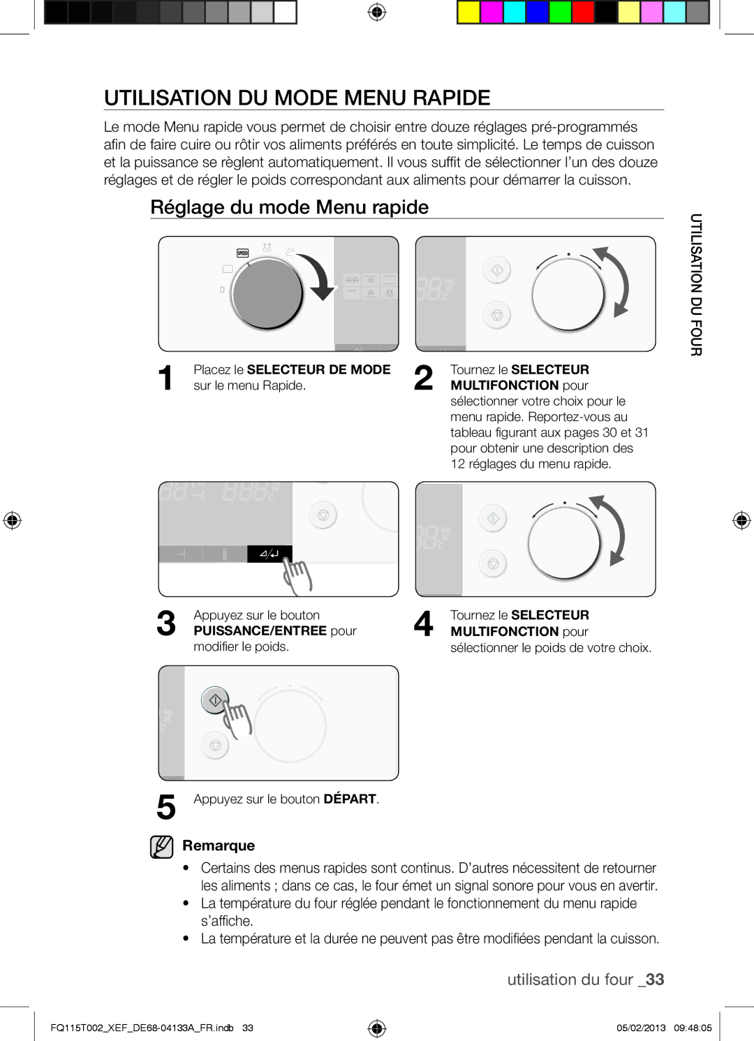 Samsung FQ115T002/XEG manual Utilisation DU Mode Menu Rapide, Réglage du mode Menu rapide, Placez le Selecteur DE Mode 