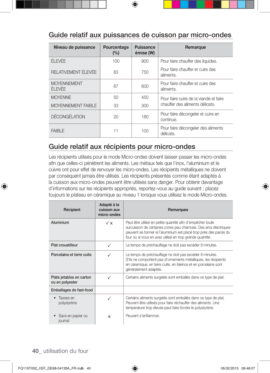 Samsung FQ115T002/BWT, FQ115T002/XEG, FQ115T002/XEF manual Guide relatif aux puissances de cuisson par micro-ondes, Remarque 