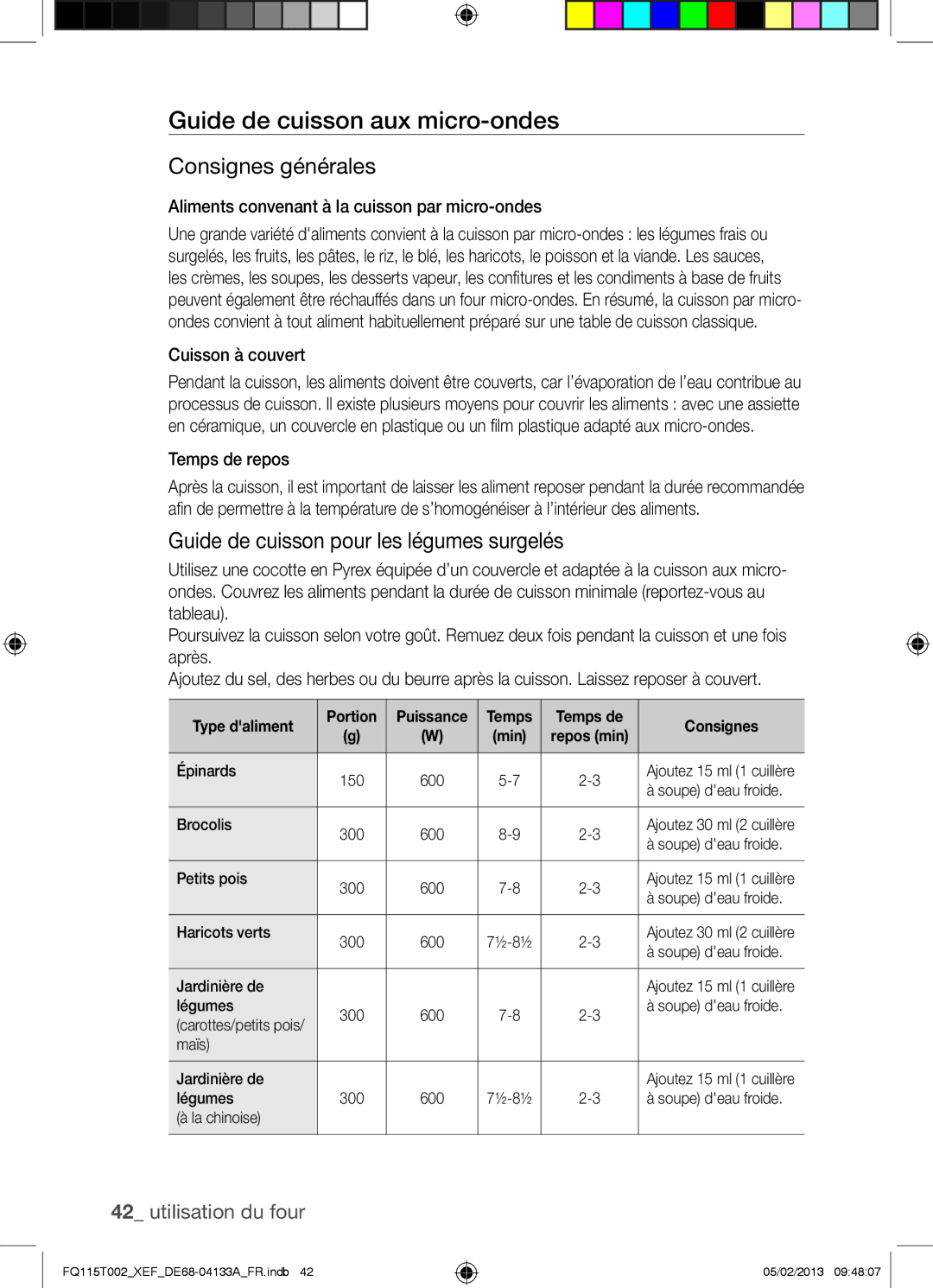 Samsung FQ115T002/XEG Guide de cuisson aux micro-ondes, Consignes générales, Guide de cuisson pour les légumes surgelés 