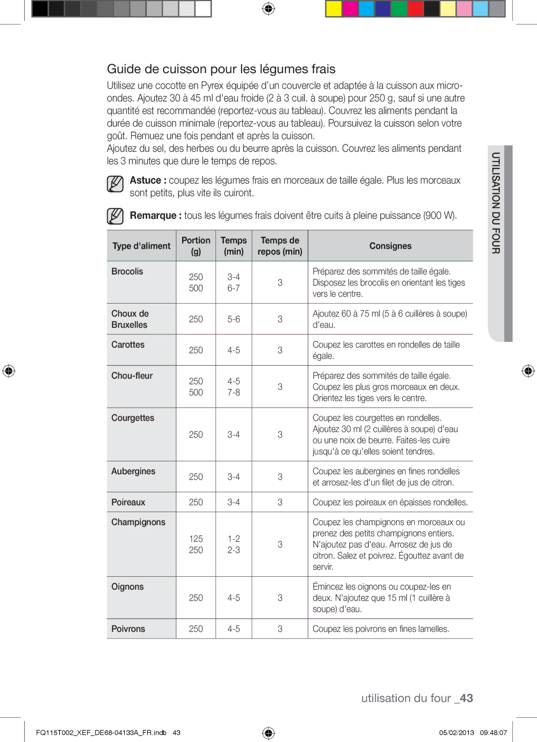 Samsung FQ115T002/BWT, FQ115T002/XEG, FQ115T002/XEF manual Guide de cuisson pour les légumes frais, Champignons 