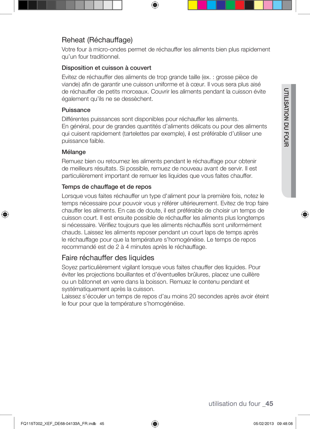 Samsung FQ115T002/XEG, FQ115T002/BWT, FQ115T002/XEF manual Reheat Réchauffage, Faire réchauffer des liquides 