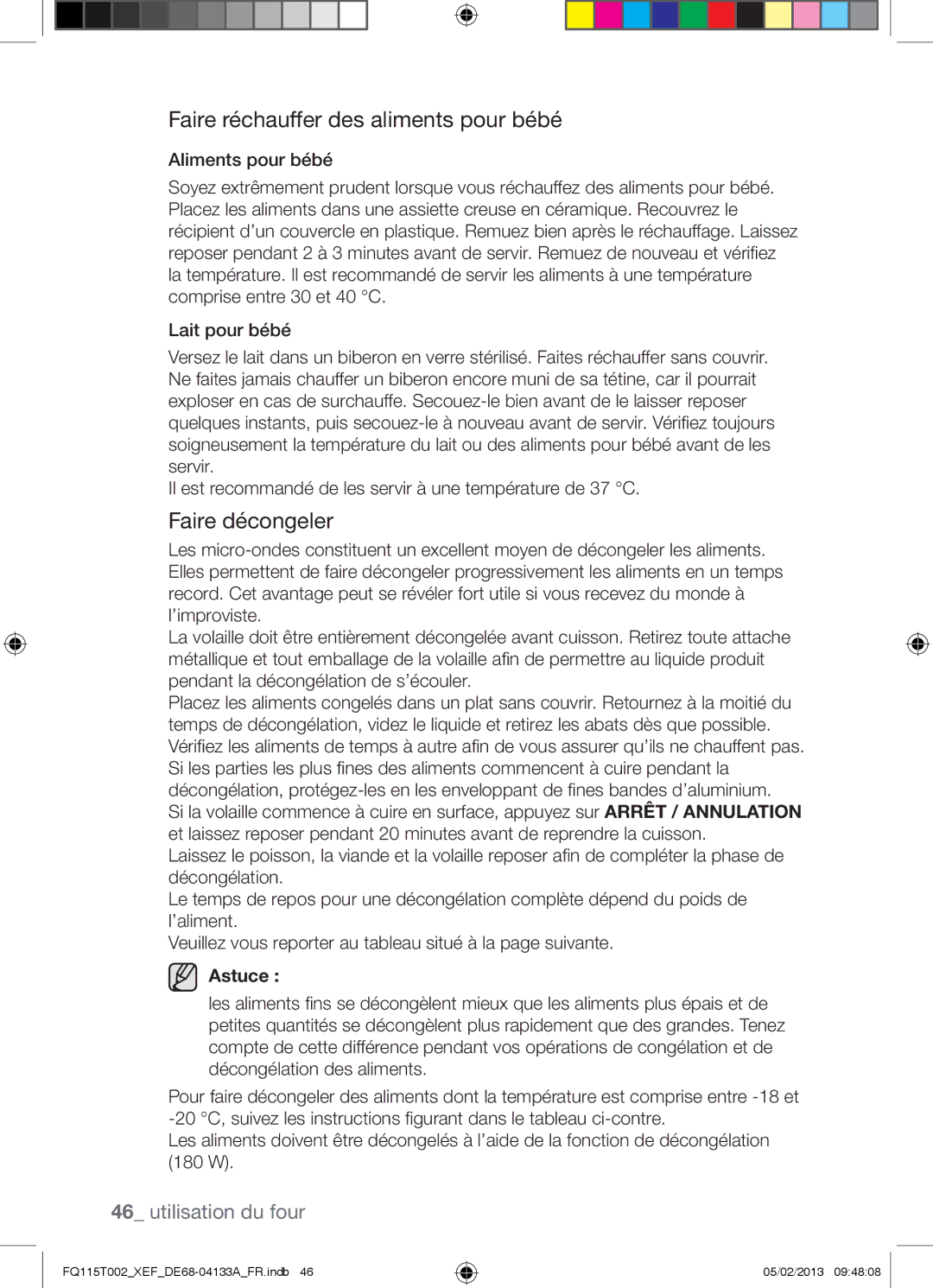 Samsung FQ115T002/BWT, FQ115T002/XEG, FQ115T002/XEF manual Faire réchauffer des aliments pour bébé, Faire décongeler, Astuce 