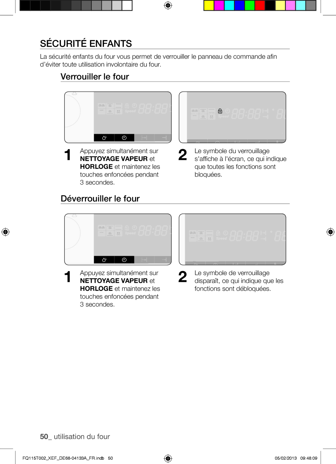 Samsung FQ115T002/XEF, FQ115T002/XEG Sécurité Enfants, Verrouiller le four, Déverrouiller le four, Nettoyage Vapeur et 