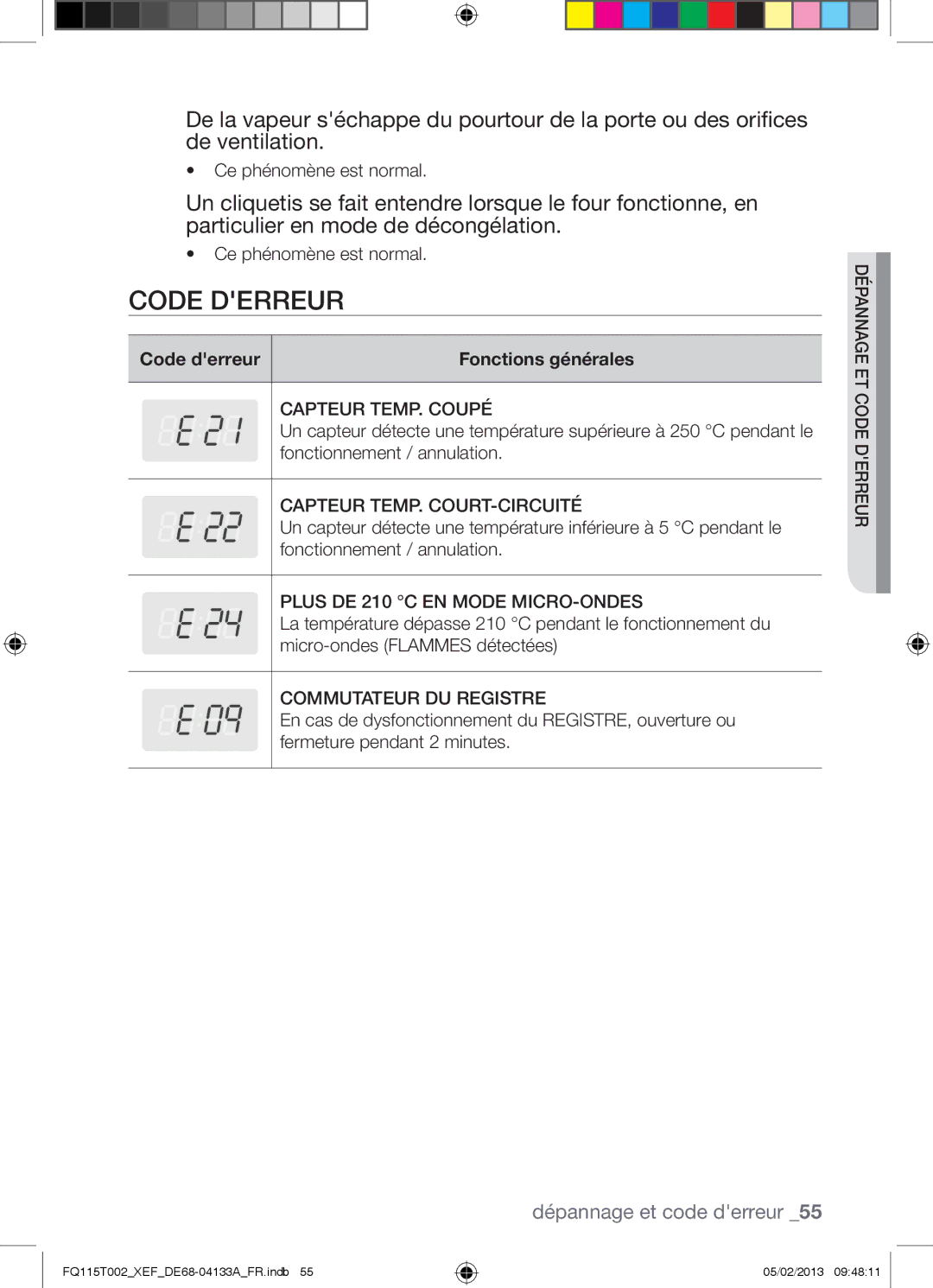 Samsung FQ115T002/BWT, FQ115T002/XEG, FQ115T002/XEF manual Code Derreur, Code derreur Fonctions générales 