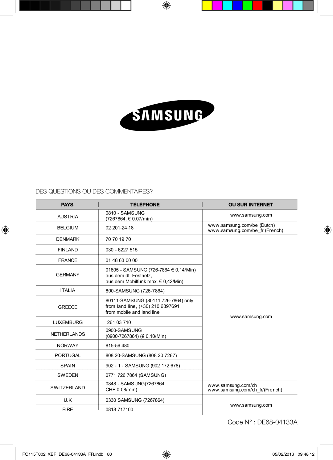 Samsung FQ115T002/XEG, FQ115T002/BWT, FQ115T002/XEF manual Code N DE68-04133A 