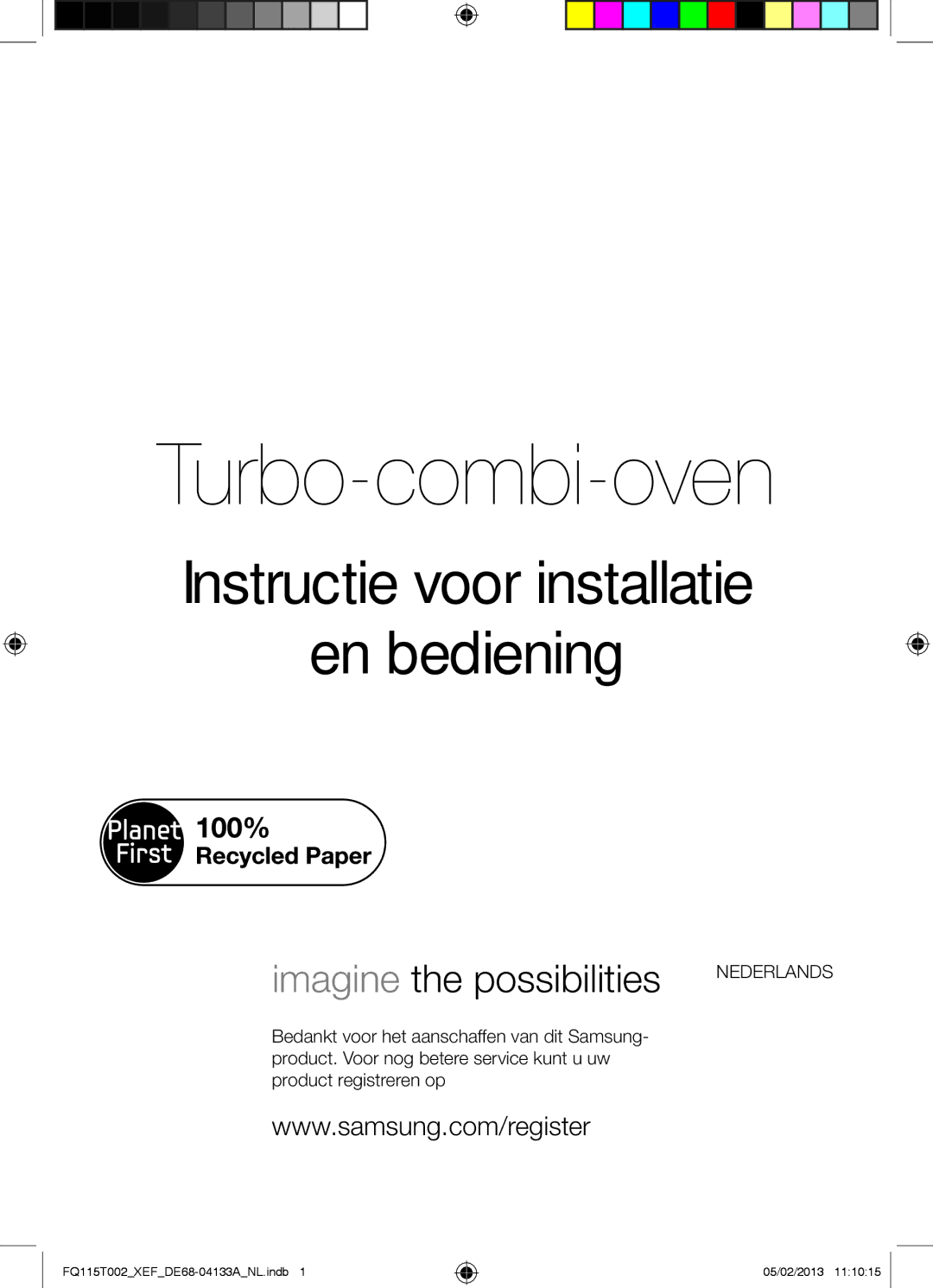 Samsung FQ115T002/BWT, FQ115T002/XEG manual Turbo-combi-oven, Deze handleiding is gemaakt van 100 % gerecycled papier 