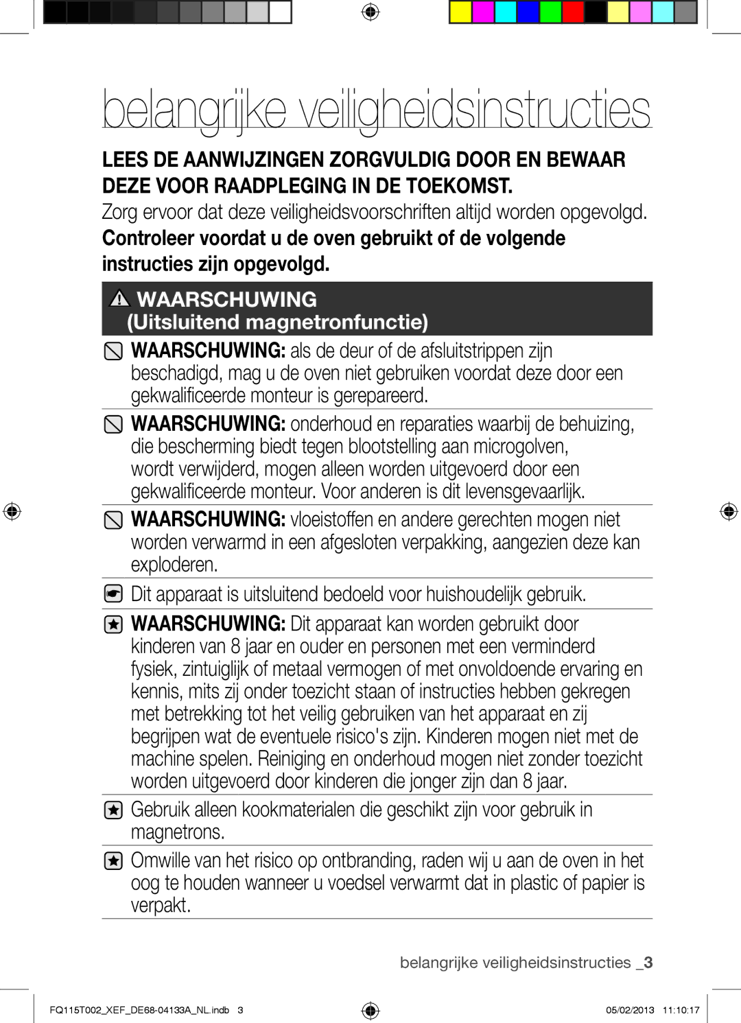 Samsung FQ115T002/XEG, FQ115T002/BWT, FQ115T002/XEF manual Belangrijke veiligheidsinstructies 