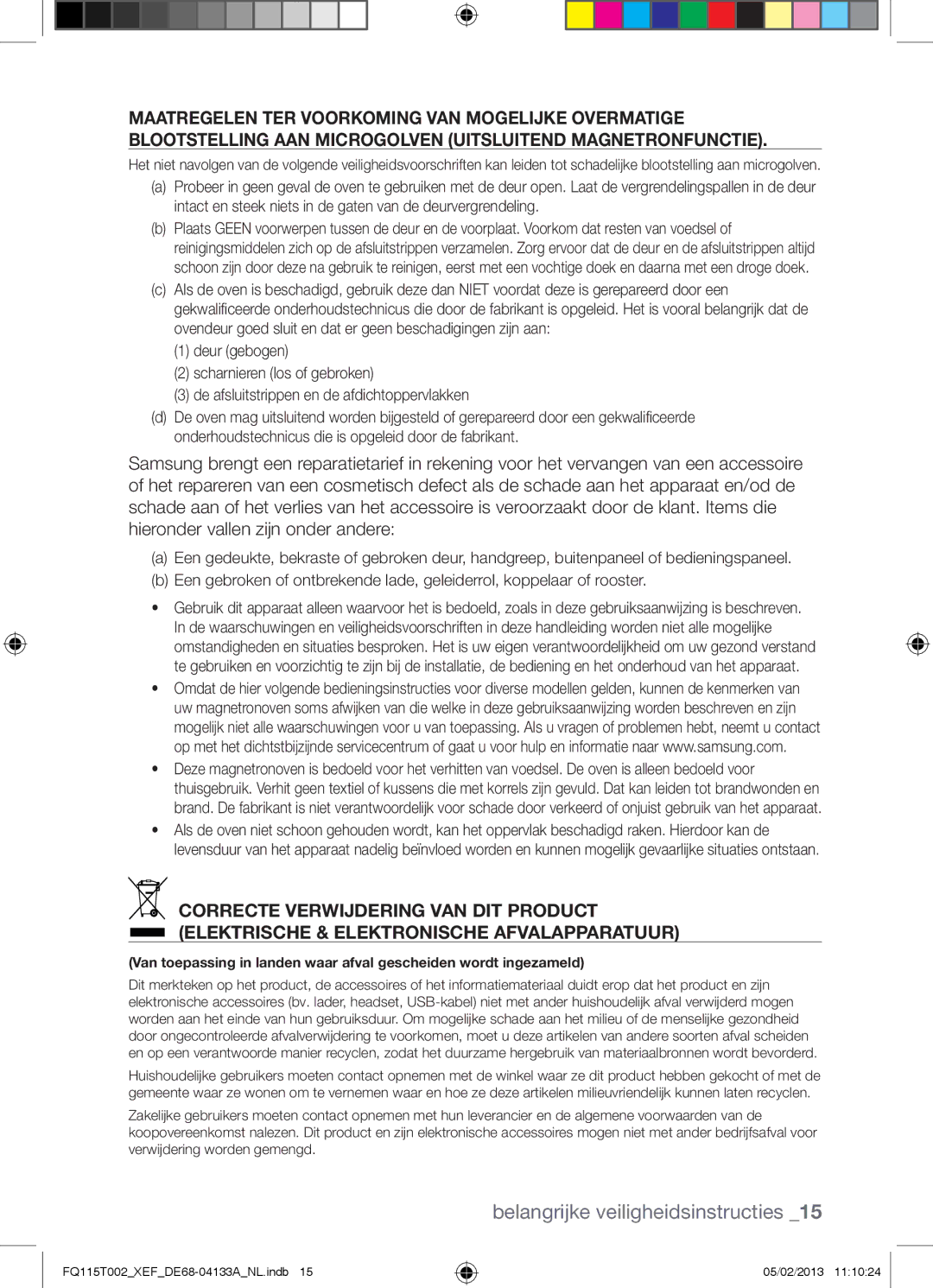 Samsung FQ115T002/XEG, FQ115T002/BWT, FQ115T002/XEF manual Belangrijke veiligheidsinstructies 