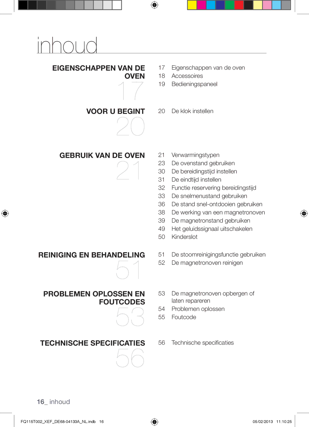 Samsung FQ115T002/BWT, FQ115T002/XEG, FQ115T002/XEF manual Inhoud, Technische Specificaties 