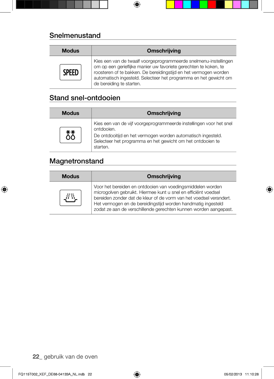 Samsung FQ115T002/BWT, FQ115T002/XEG, FQ115T002/XEF manual Snelmenustand, Stand snel-ontdooien, Magnetronstand 