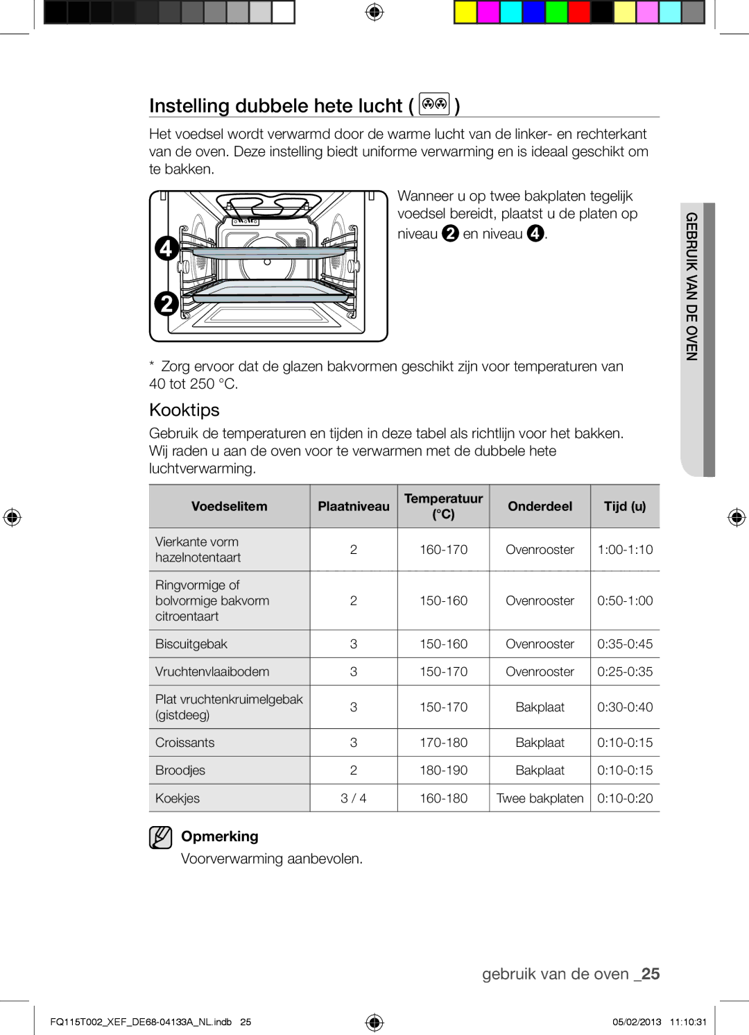 Samsung FQ115T002/BWT, FQ115T002/XEG Instelling dubbele hete lucht, Kooktips, Voedselitem Plaatniveau, Onderdeel Tijd u 