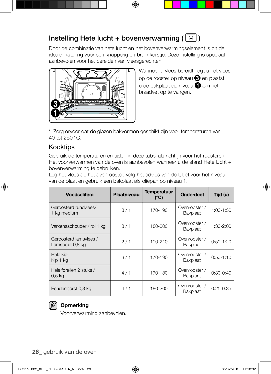 Samsung FQ115T002/XEF, FQ115T002/XEG, FQ115T002/BWT manual Instelling Hete lucht + bovenverwarming 