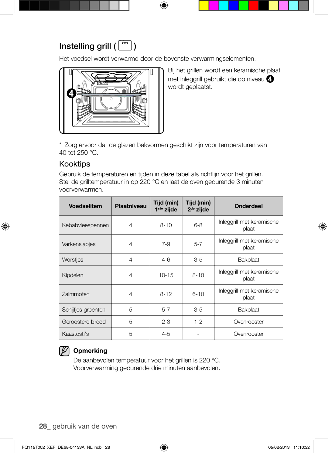 Samsung FQ115T002/BWT, FQ115T002/XEG, FQ115T002/XEF manual Instelling grill, Voedselitem Plaatniveau Tijd min Onderdeel 