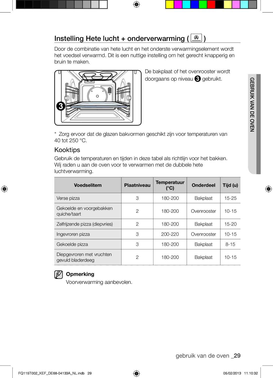 Samsung FQ115T002/XEF, FQ115T002/XEG, FQ115T002/BWT manual Instelling Hete lucht + onderverwarming 