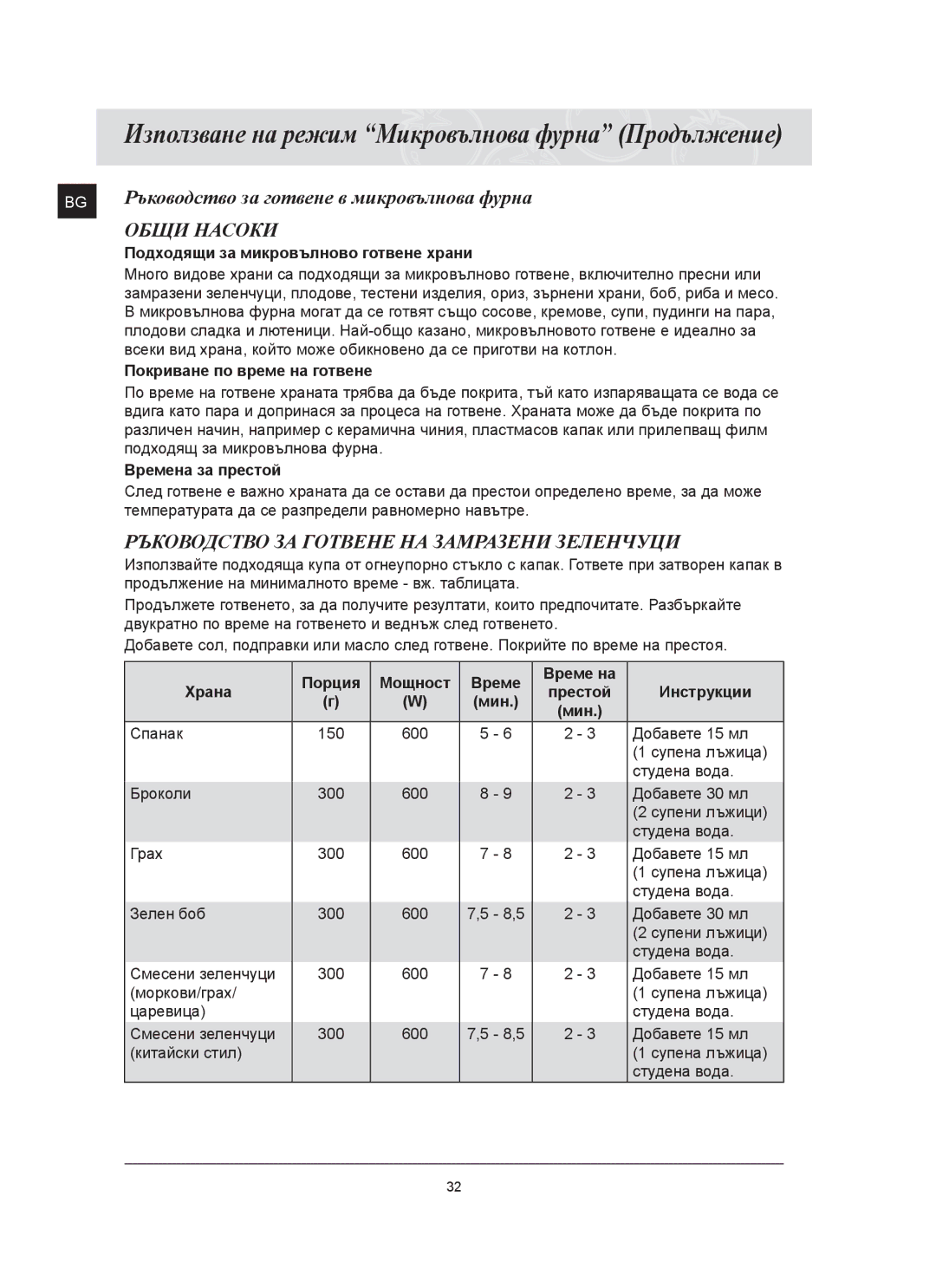 Samsung FQ159ST/BOL manual Общи Насоки, Ръководство ЗА Готвене НА Замразени Зеленчуци 