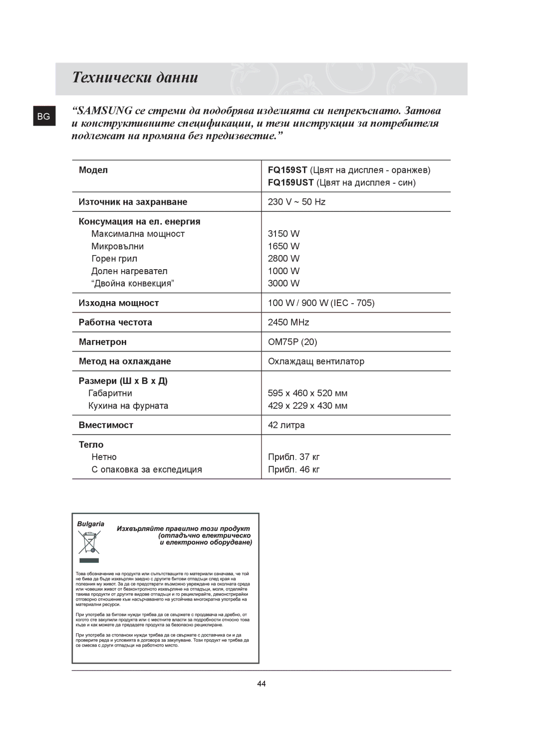 Samsung FQ159ST/BOL manual Технически данни, Подлежат на промяна без предизвестие 