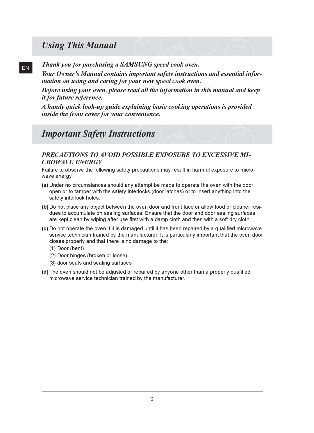 Samsung FQ159ST/BOL Using This Manual, Important Safety Instructions, Thank you for purchasing a Samsung speed cook oven 