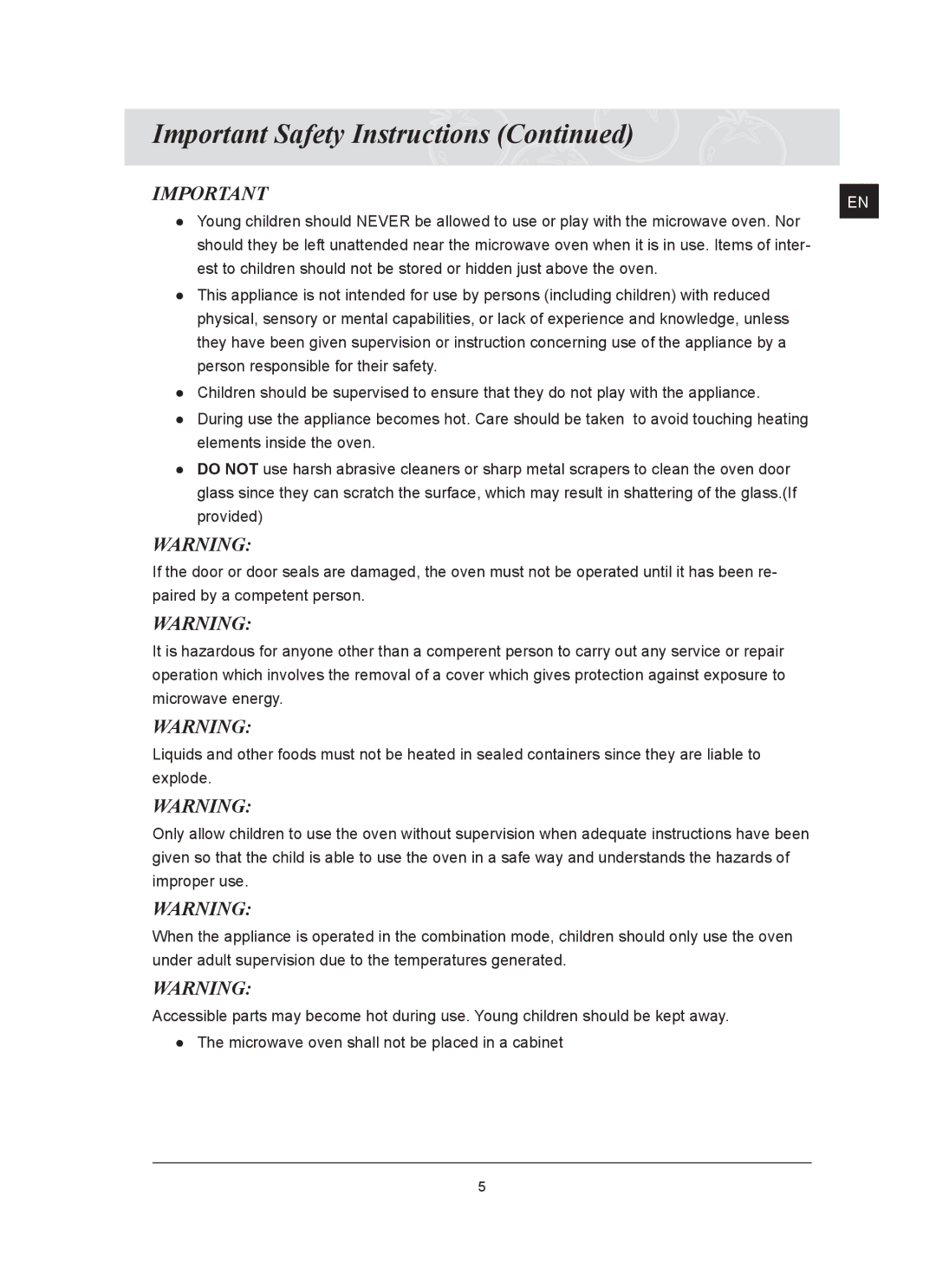 Samsung FQ159ST/BOL manual Important Safety Instructions 