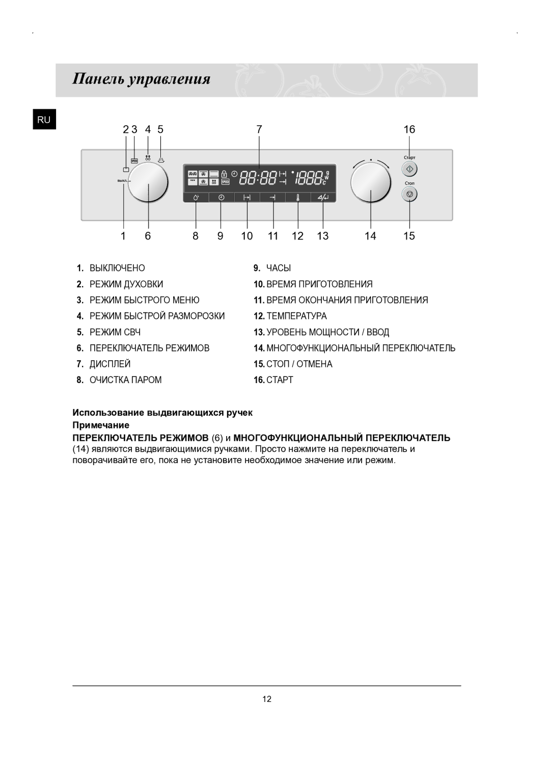 Samsung FQ159STR/SBW, FQ159STR/BWT manual Панель управления, Температура, Дисплей Стоп / Отмена Очистка Паром Старт 