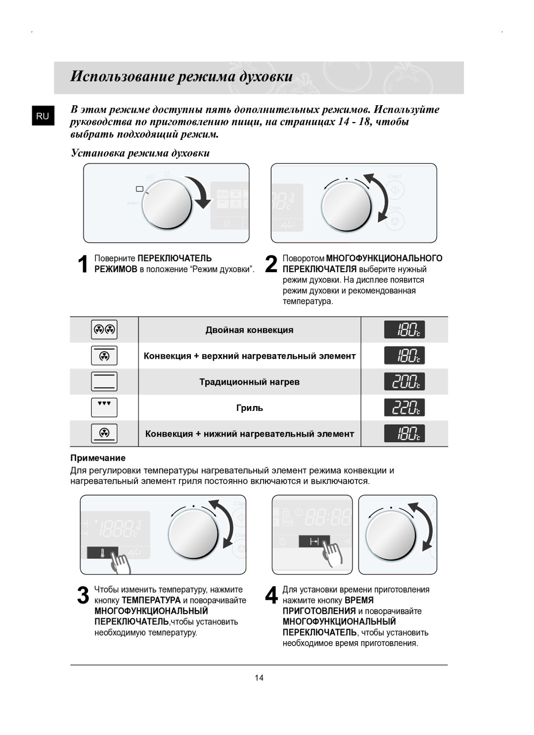 Samsung FQ159STR/SBW, FQ159STR/BWT manual Использование режима духовки, Поверните Переключатель, Многофункциональный 