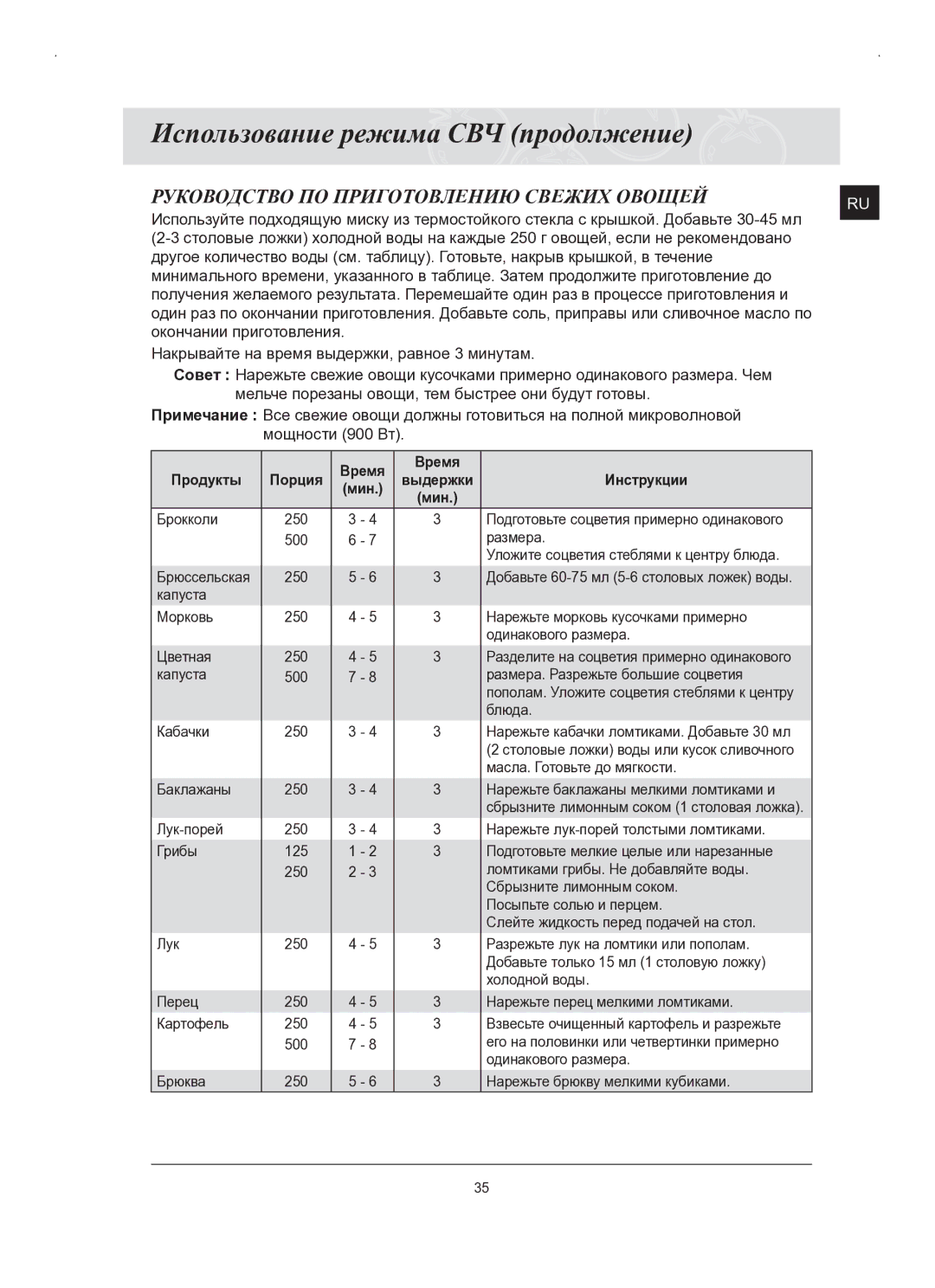 Samsung FQ159STR/BWT, FQ159STR/SBW manual Руководство ПО Приготовлению Свежих Овощей 