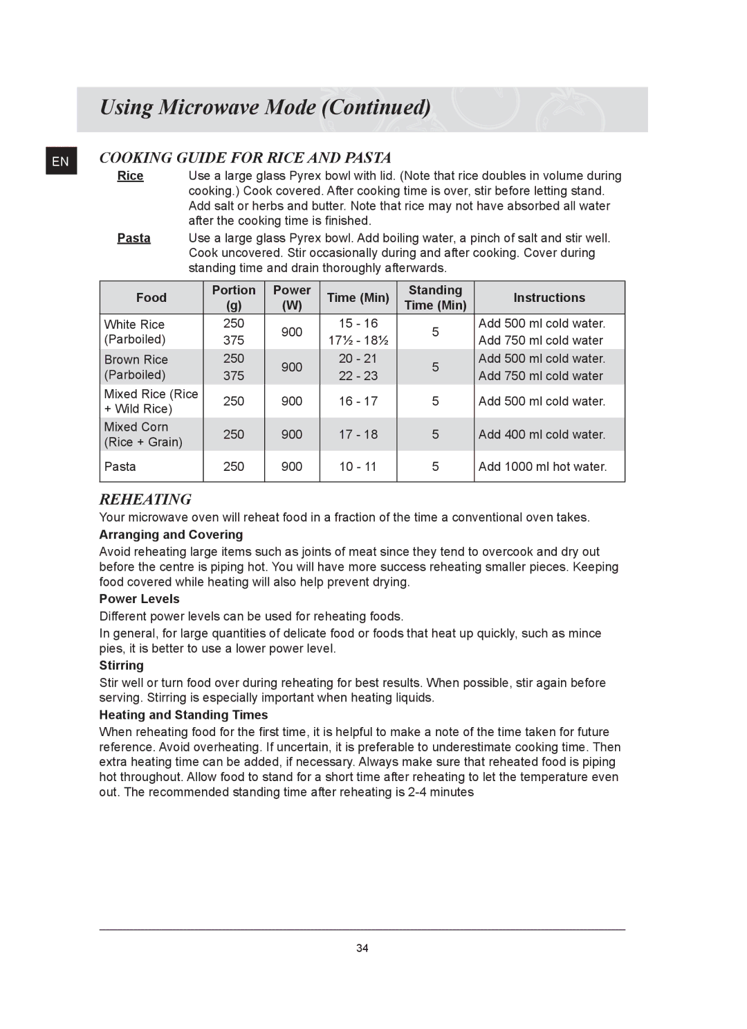 Samsung FQ159ST/XEH Food Portion Power Time Min Standing Instructions, Arranging and Covering, Power Levels, Stirring 