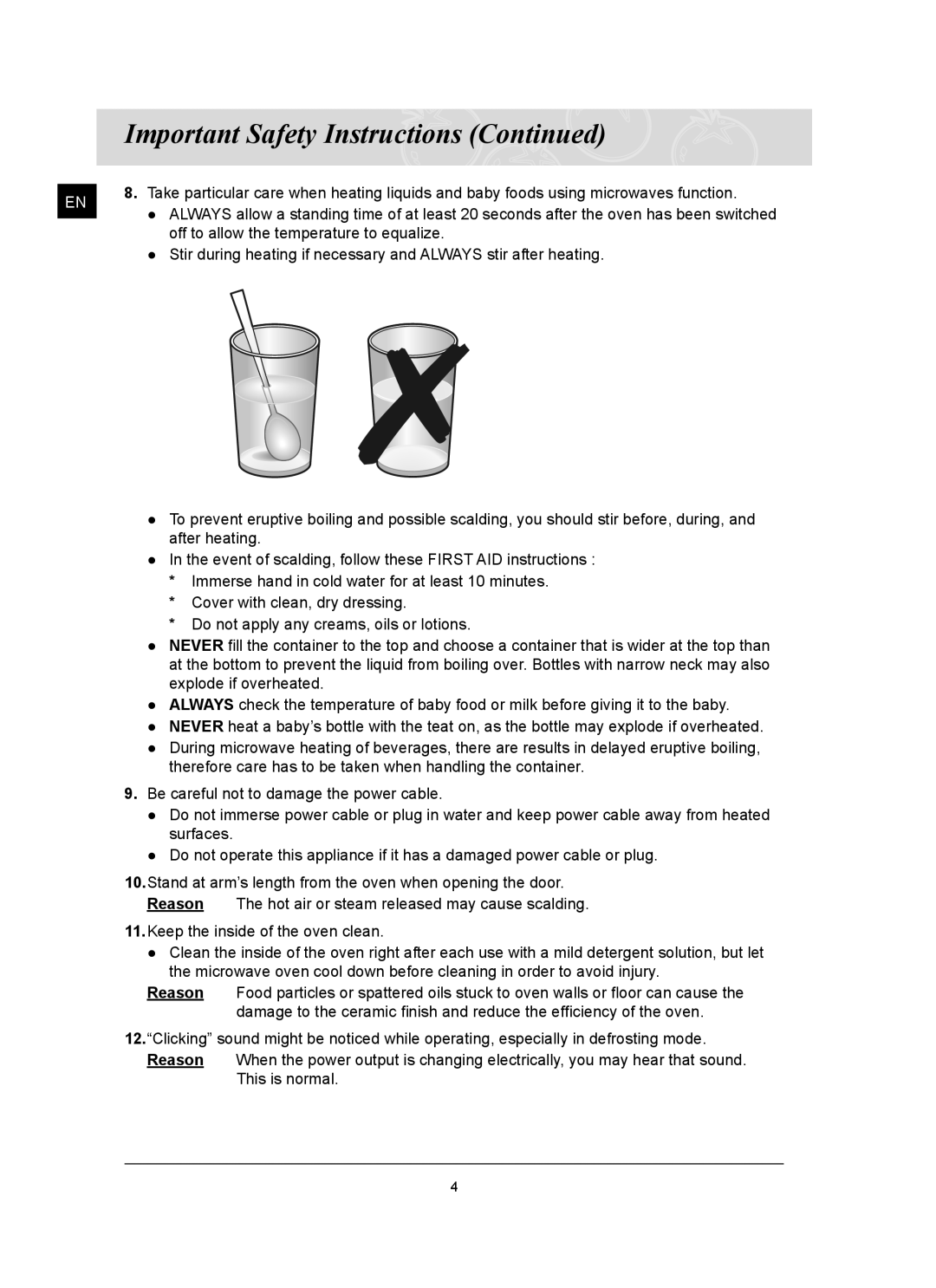 Samsung FQ159ST/XEH, FQ159ST/XEG manual Off to allow the temperature to equalize 