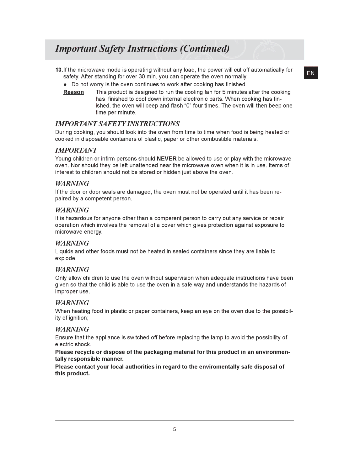 Samsung FQ159ST/XEG, FQ159ST/XEH manual Important Safety Instructions 