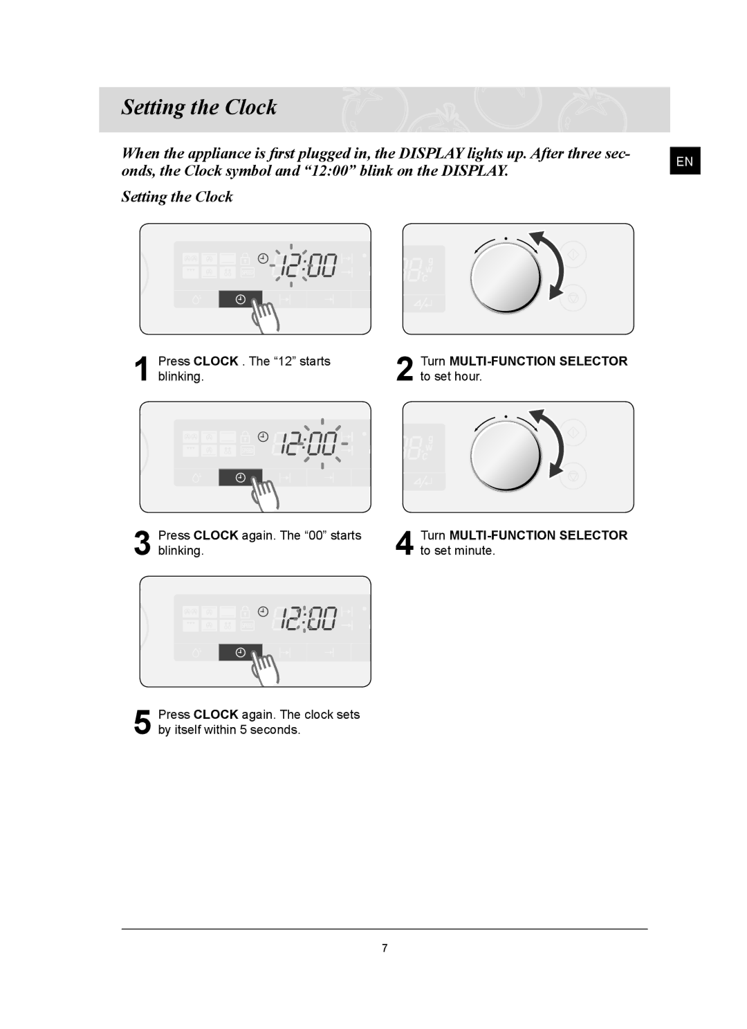 Samsung FQ159ST/XEG, FQ159ST/XEH manual Setting the Clock, Turn MULTI-FUNCTION Selector 