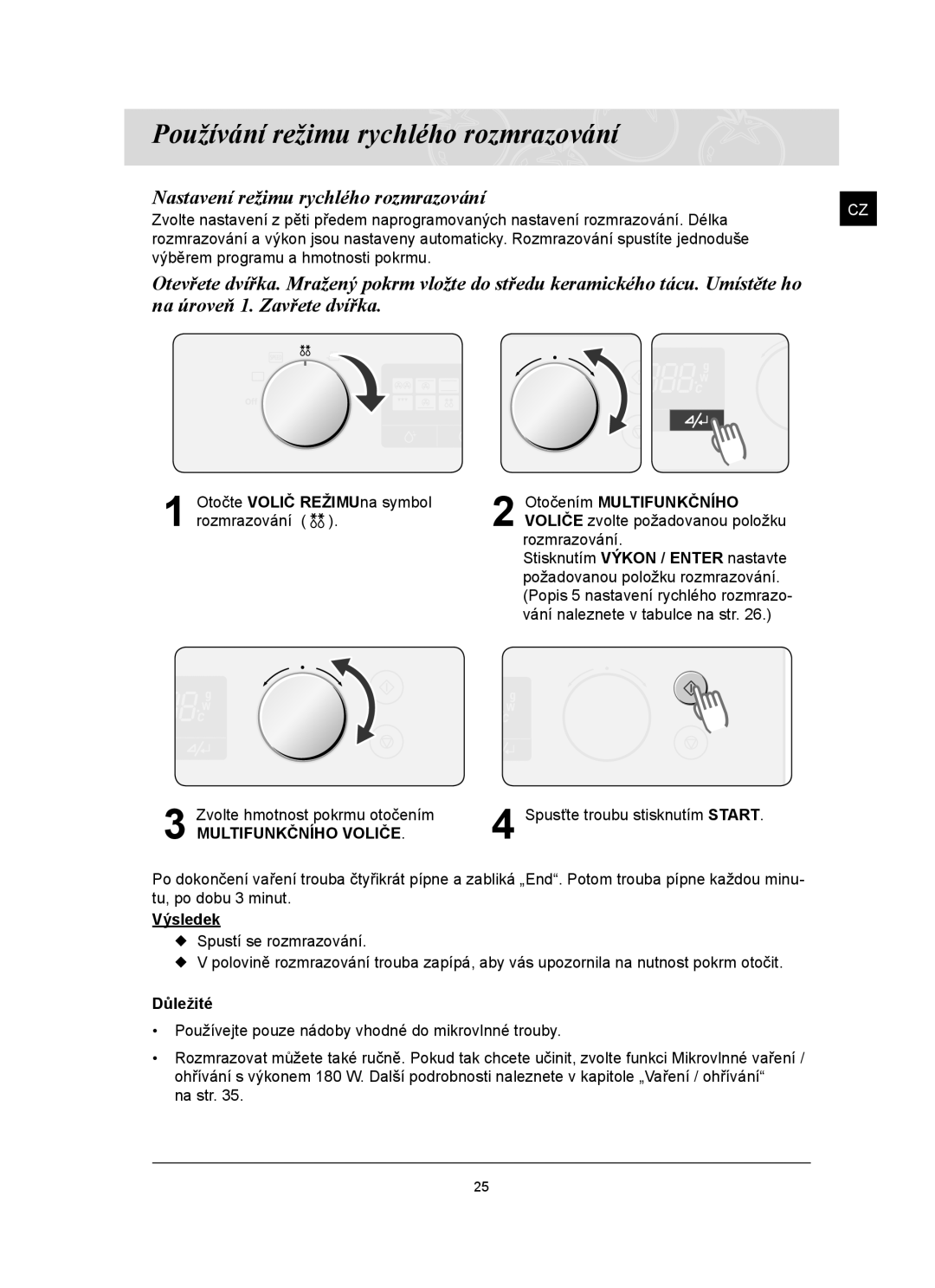 Samsung FQ159ST/XEH manual Používání režimu rychlého rozmrazování, Nastavení režimu rychlého rozmrazování, Výsledek 