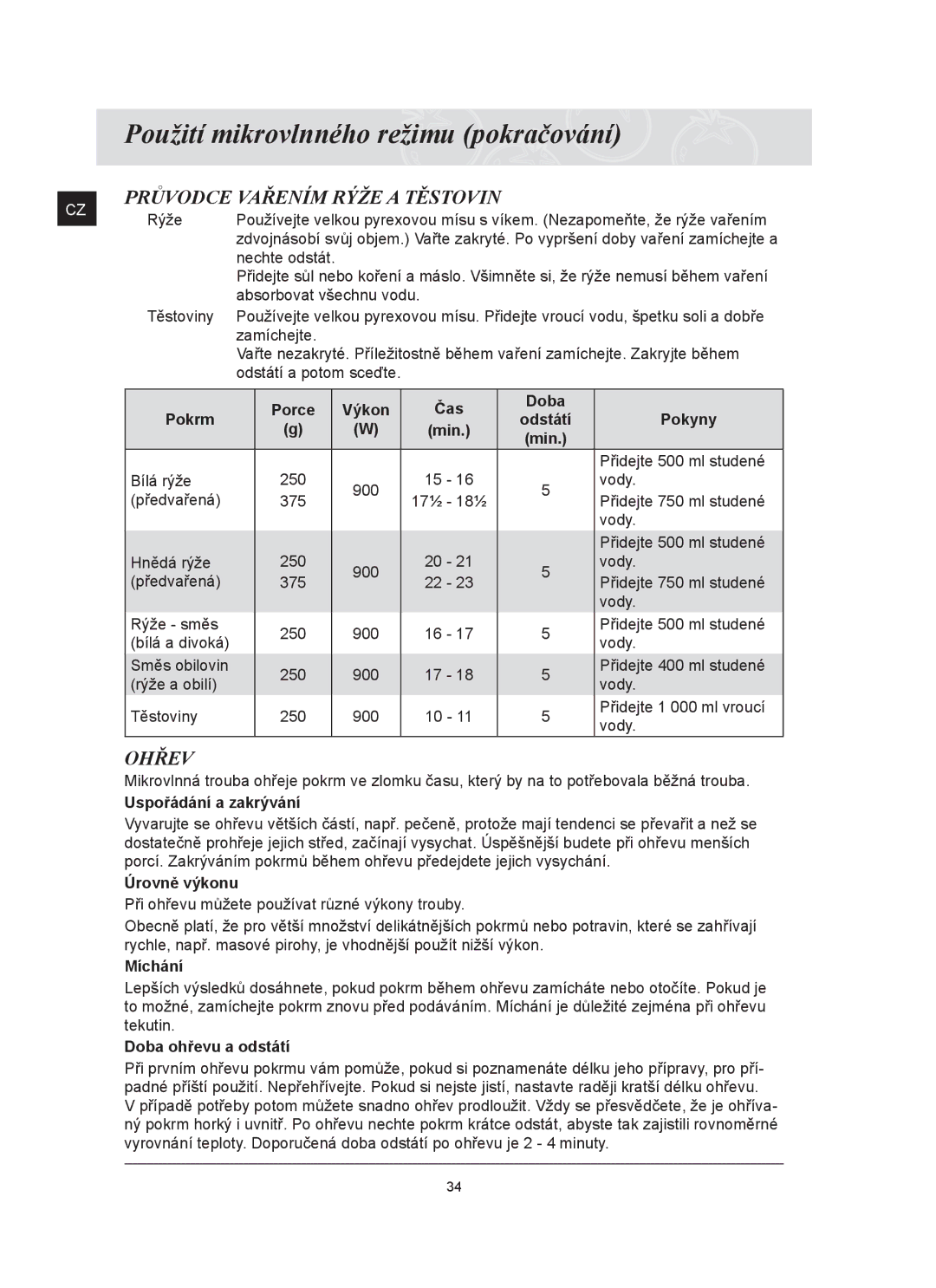 Samsung FQ159ST/XEH manual Uspořádání a zakrývání, Úrovně výkonu, Míchání, Doba ohřevu a odstátí 