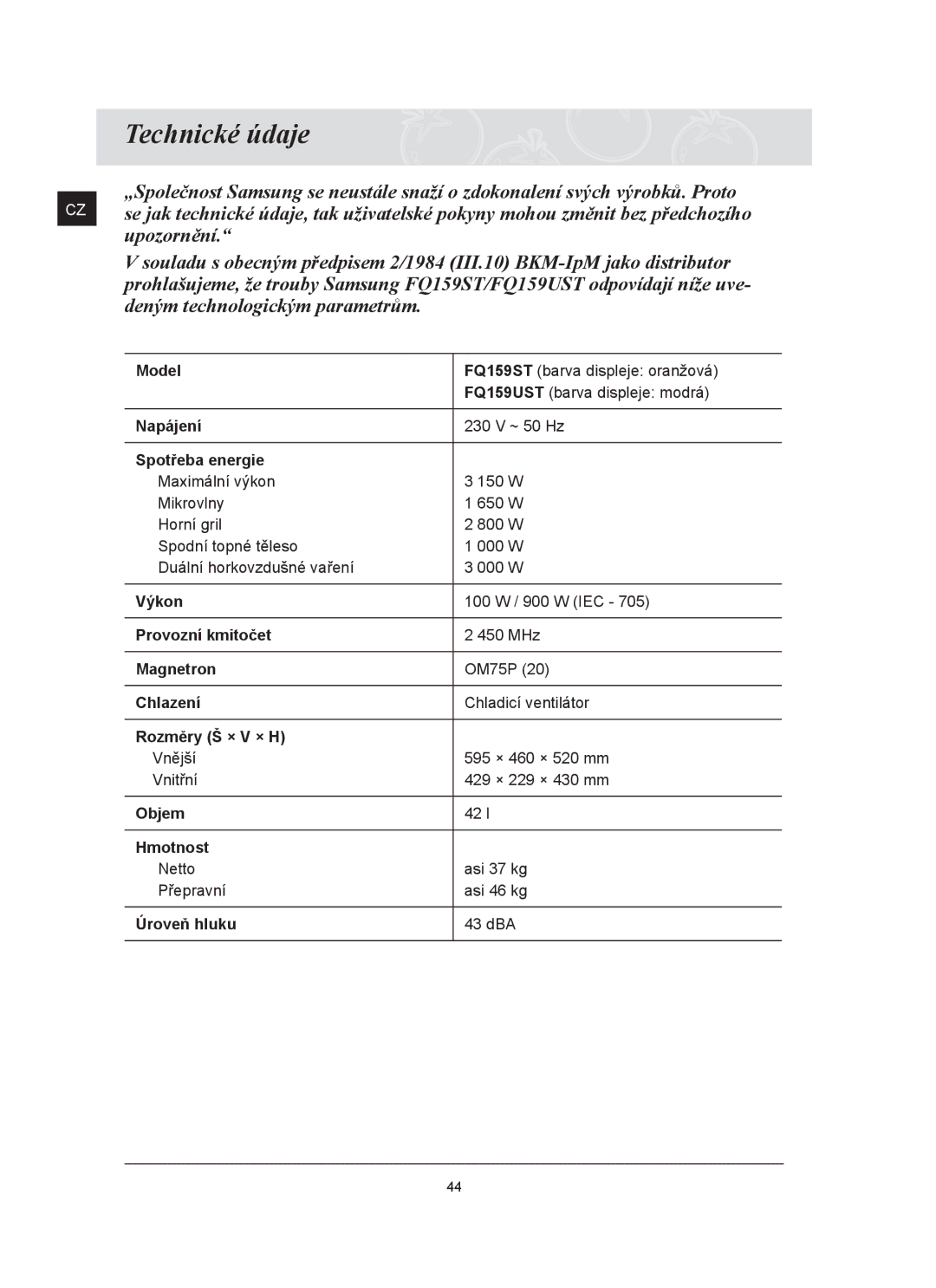 Samsung FQ159ST/XEH manual Technické údaje 