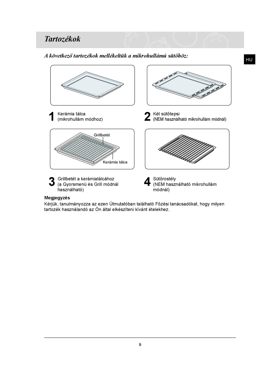 Samsung FQ159ST/XEH manual Tartozékok, Következő tartozékok mellékeltük a mikrohullámú sütőhöz 