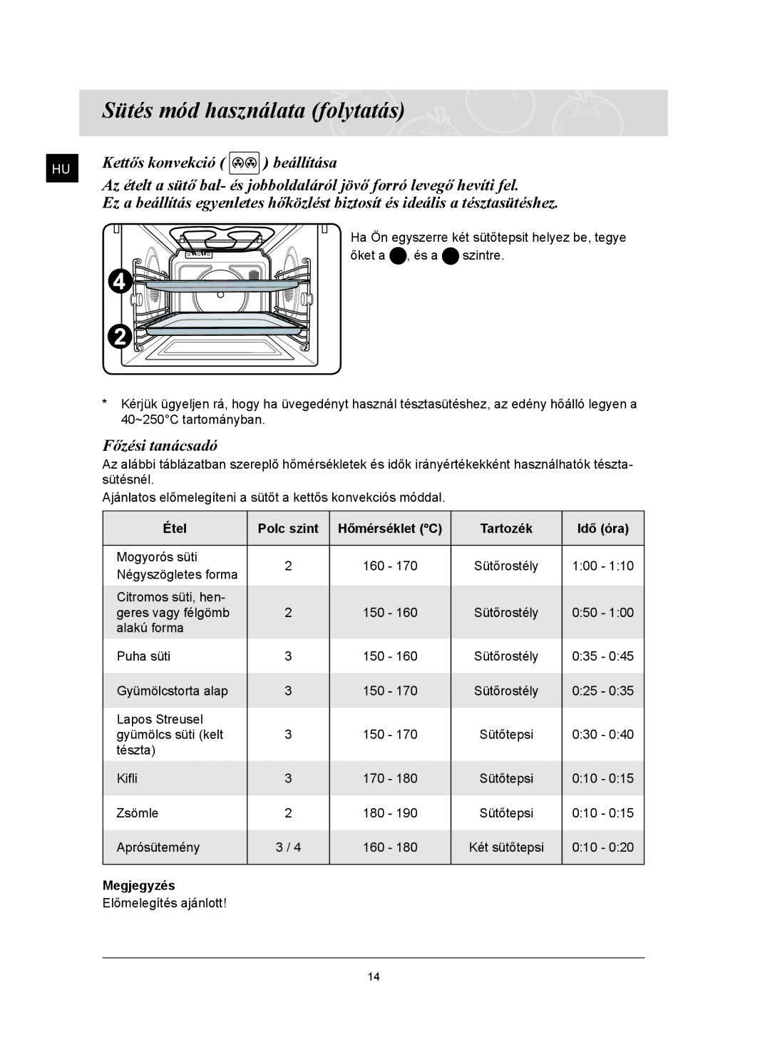 Samsung FQ159ST/XEH manual Főzési tanácsadó, Étel Polc szint, Tartozék Idő óra 