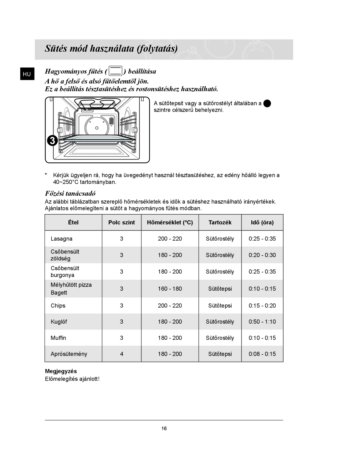 Samsung FQ159ST/XEH manual Étel Polc szint Hőmérséklet C Tartozék Idő óra 