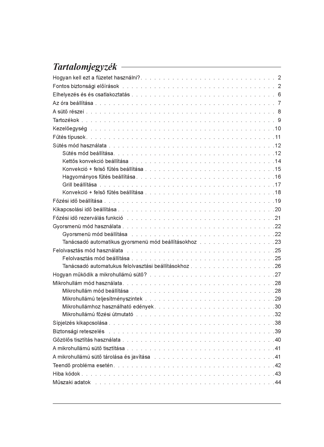 Samsung FQ159ST/XEH manual Tartalomjegyzék 