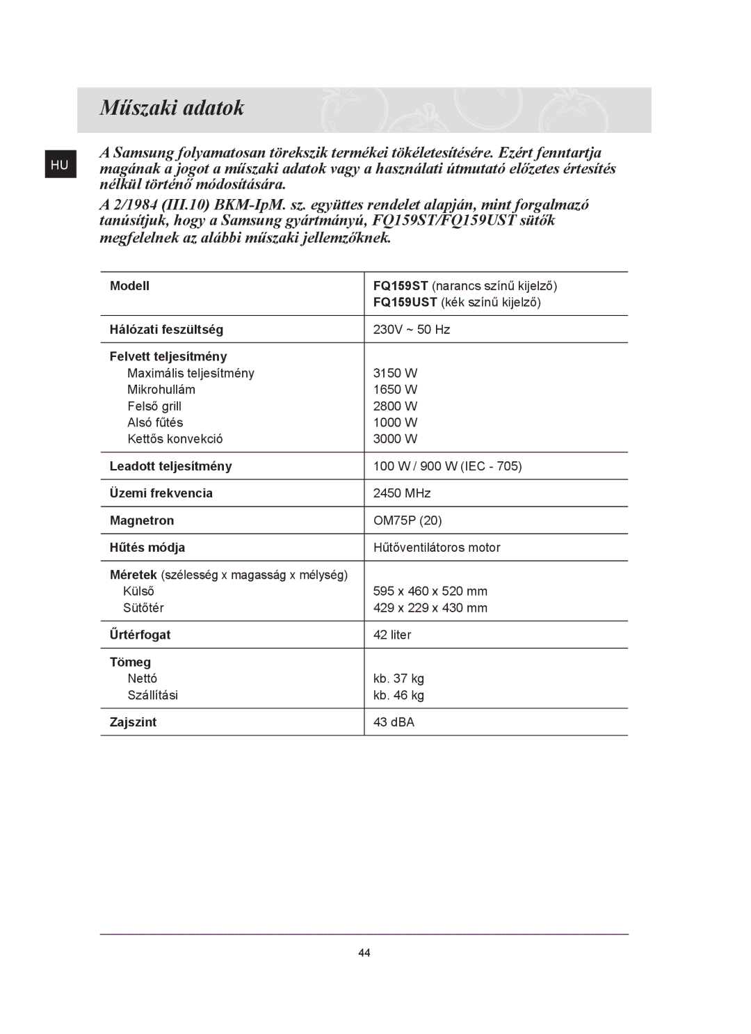 Samsung FQ159ST/XEH manual Műszaki adatok 