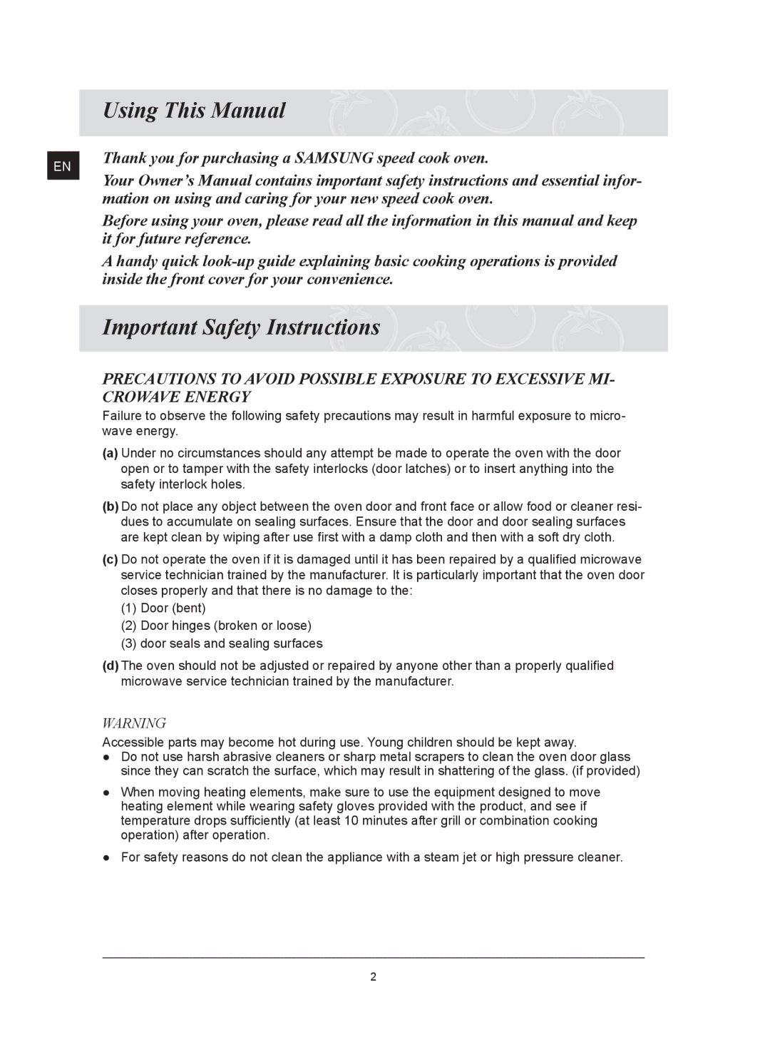 Samsung FQ159UST Using This Manual, Important Safety Instructions, Thank you for purchasing a Samsung speed cook oven 