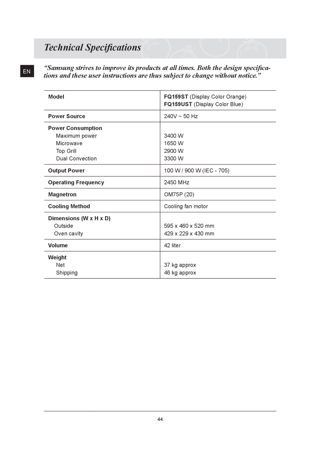 Samsung FQ159UST, FQ159ST owner manual Technical Speciﬁcations 